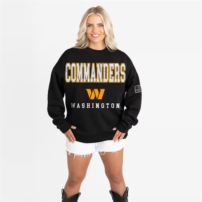 Women's Black Washington Commanders Gameday Couture Black Oversized Level Up Label Premium Fleece Sweatshirt(Run Small)